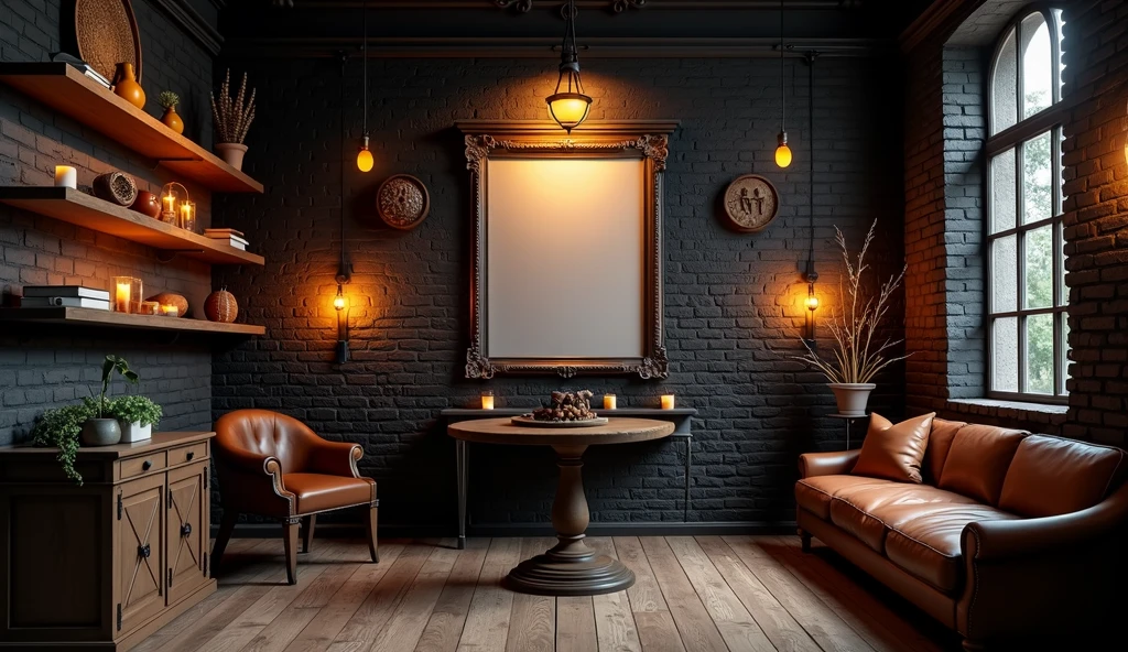 a room with black brick walls, warm ambient lighting and wooden floor. shelving on the wall with a huge photo as a centre piece with a beautiful frame, and ancient symbols of good