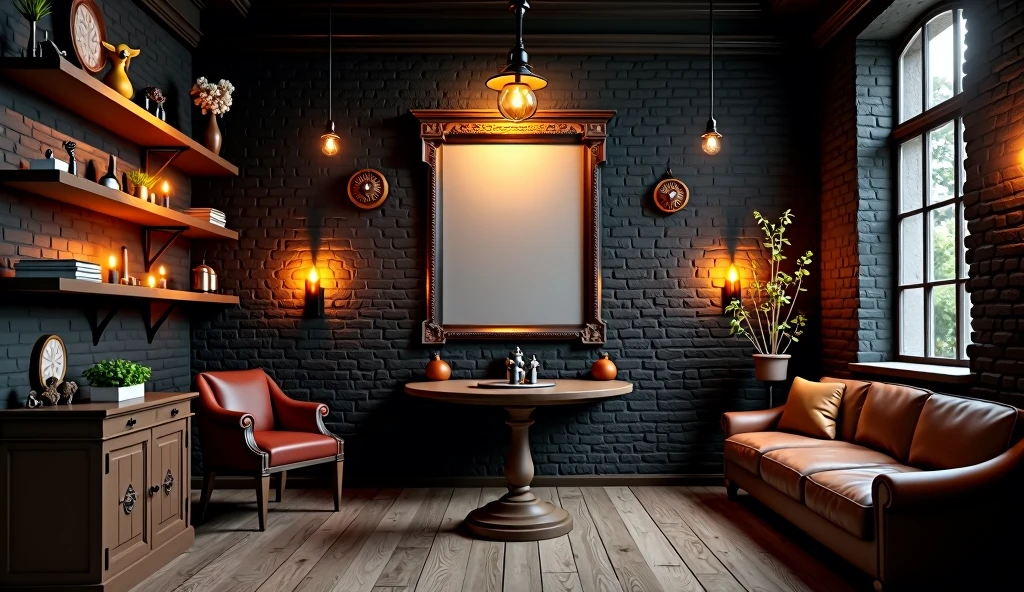 a room with black brick walls, warm ambient lighting and wooden floor. shelving on the wall with a huge photo as a centre piece with a beautiful frame, and ancient symbols of good
