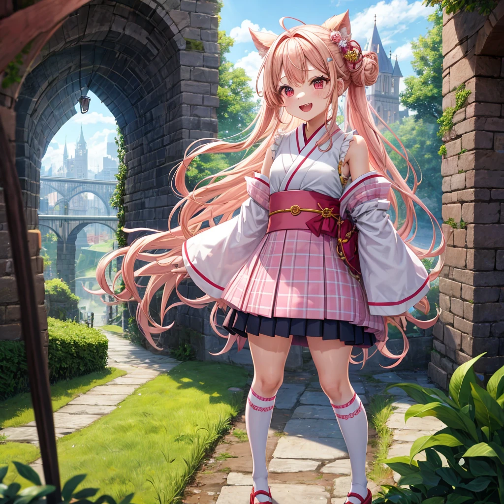 Pink Blonde、Red eyes、Wavy Hair、Hair tied up、Two cute、Checked mini skirt、kimono、Light clothing、Shoulders stick out、Knee-high socks、Teeth are visible、Monster Castle、Tilting face、grass、In front of the city gates、Underground tunnels、Iron suspension bridge、The stone is cracked、Giant wood、There is a step on the ground、it's raining、Holding a sword、Cobblestones、The light is pouring down、Stone Wall、The road is curved