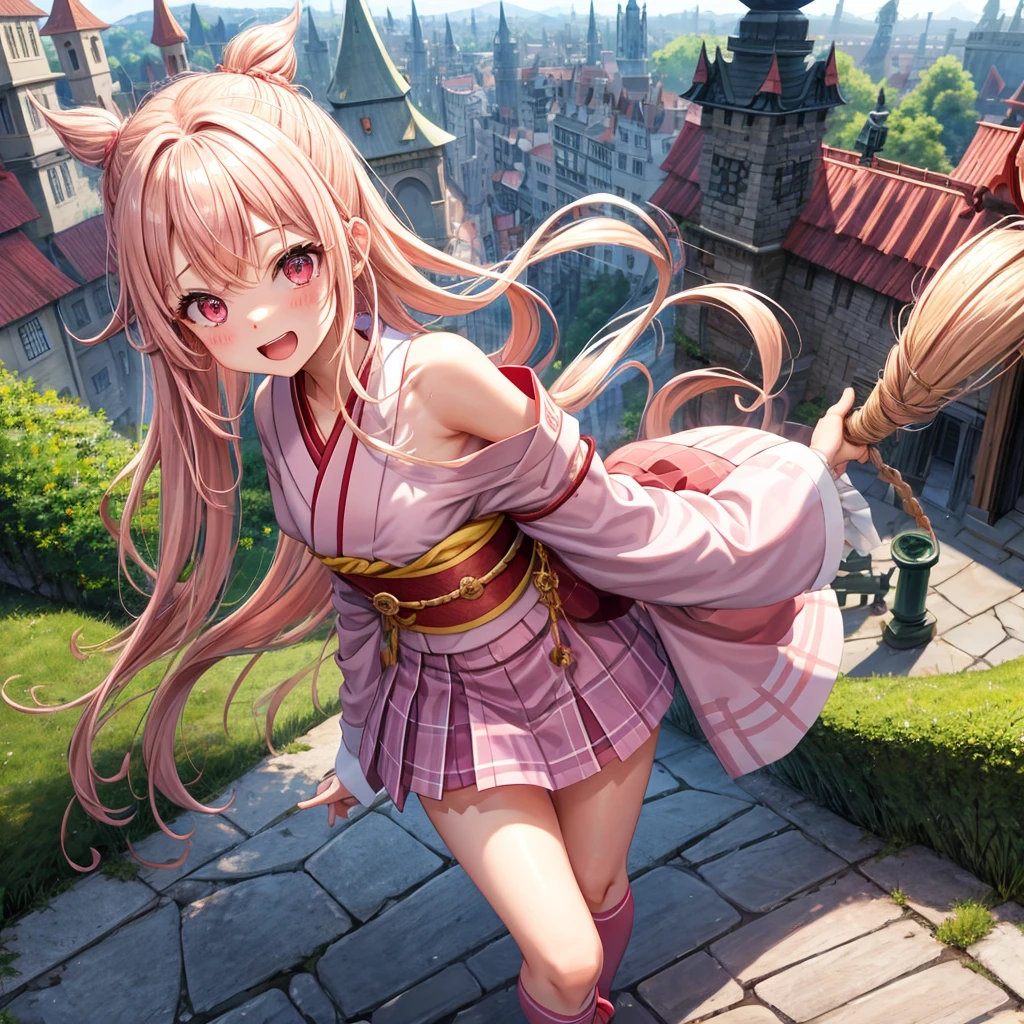 Pink Blonde、Red eyes、Wavy Hair、Hair tied up、Two cute、Checked mini skirt、kimono、Light clothing、Shoulders stick out、Knee-high socks、Teeth are visible、Monster Castle、Tilting face、grass、In front of the city gates、Underground tunnels、Iron suspension bridge、The stone is cracked、Giant wood、There is a step on the ground、it&#39;s raining、Holding a sword、Cobblestones、The light is pouring down、Stone Wall、The road is curved