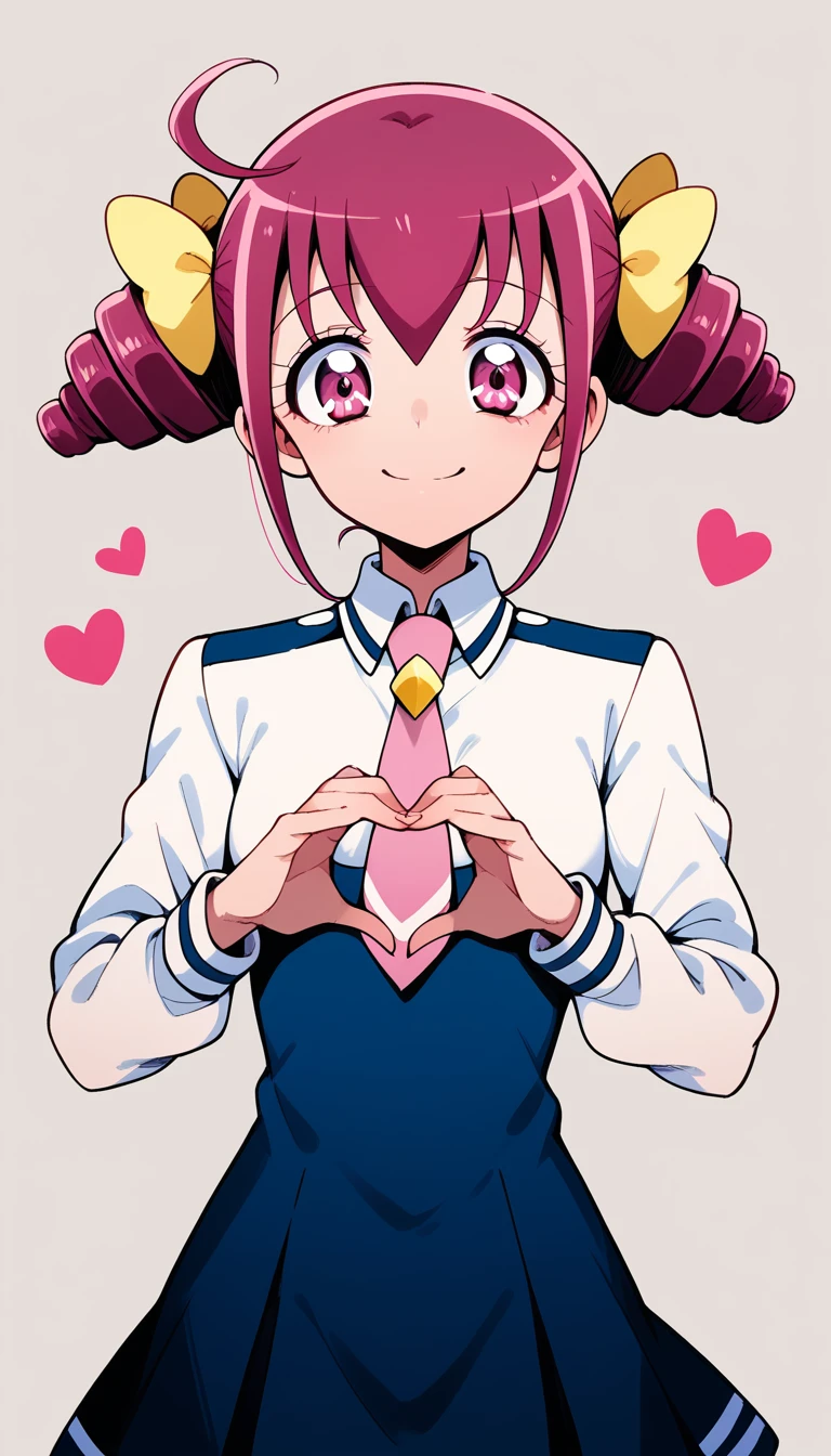 Score 9, Score 8 up, Score 7 up, The evaluation is questionable,
Detailed Background, Glowing Skin,hoshizora miyuki, pink hair, twin drills, pink eyes, nanairogaoka middle school uniform, pink necktie,girl, Grab your chest, smile, Cleavage, Heart with hands placed in front of chest, Browsing Caution