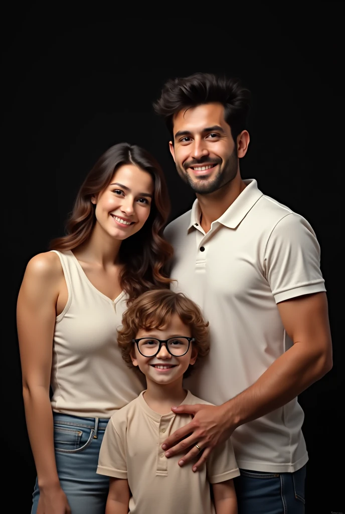 Create a man who has the following characteristics: 175cm tall, 85kg weight, short black hair, White polo shirt, At his side a woman 160cm tall, 55kg weight, by the wide, smooth and black. These people are Chilean. They also have 2 children., una niña de 6 años de edad con by the wide, Wavy, rose colored glasses, and the  . There are 4 people in total.