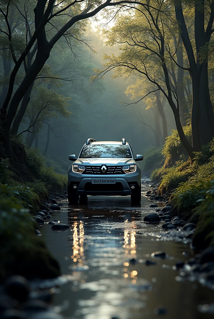 A stream with a barrier of branches. Beneath these branches a dark and mysterious passage.
Inside this dark passage, a silver Renault Duster is coming out..