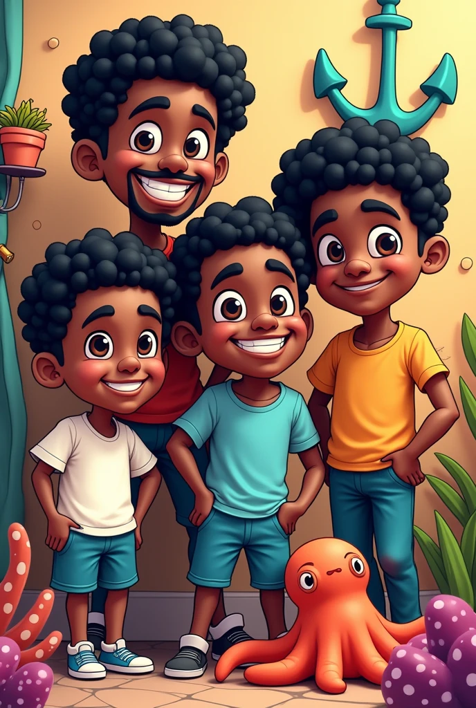 4 man , dark complexion short black curly hair, and brown eyes, In the background there is an octopus next to him and on the wall there is an anchor hanging , 3d cartoon style , highly detailed facial features, Coloring Book Art, no background, ready to be colored, youtube avatar format type
