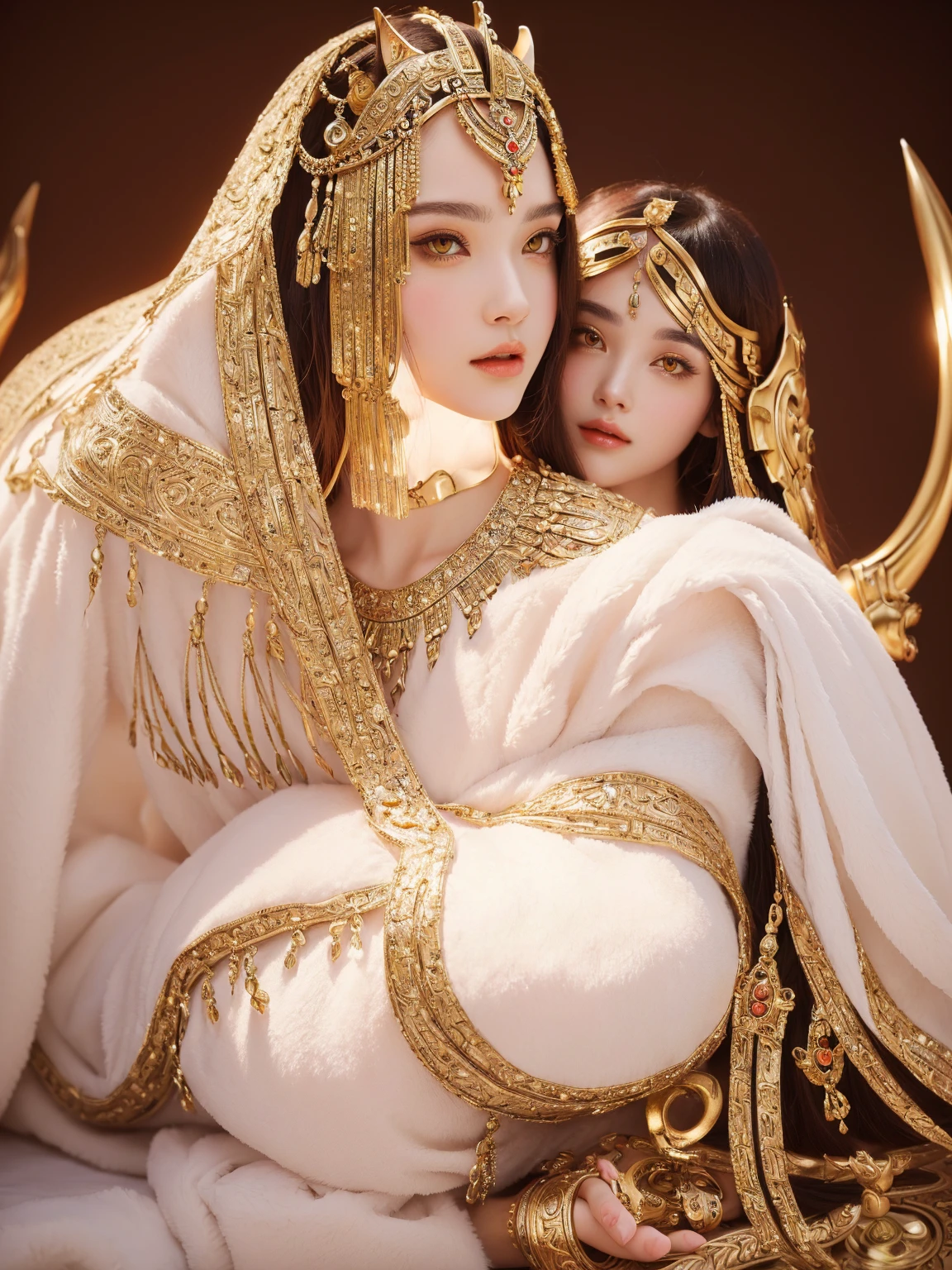 High resolution, Beautiful woman like Cleopatra、Cat-type beastman、Mucha style