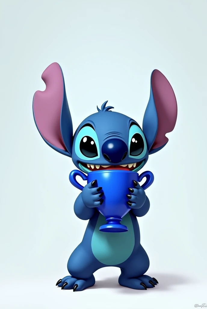 Stitch holding a blue painted trophy with a blue human