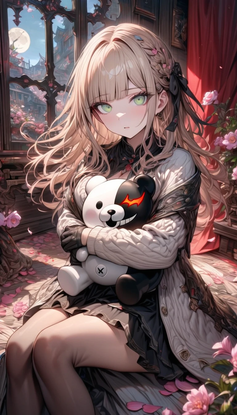 Ultra detailed, highres, absurdres, HDR, master piece, Aida, ash blonde hair with bangs, medium length hair, expressive light green eyes, Danganronpa, black ribbon at the side of her hair, white cardigan with black patterns, black skirt, pink flowers, petals, moon, window, red curtains, woman sitting, solo, extremely beautiful, very detailed face and eyes, best quality, fantasy, magical, black gloves, holding a plushie of Monokuma, black stockings