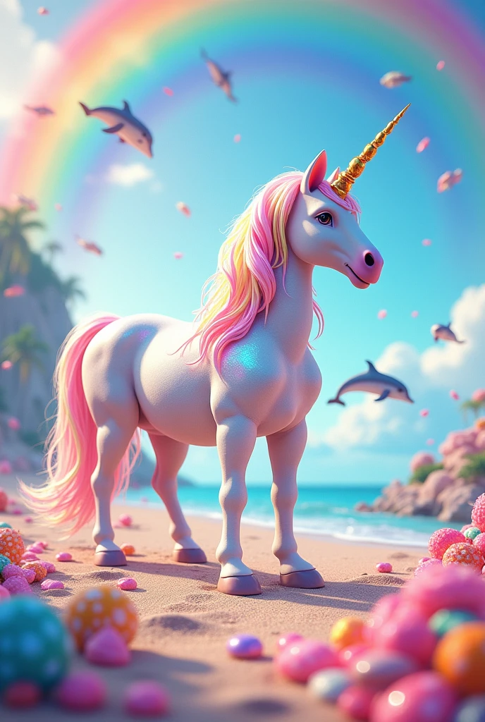 Create a colorful unicorn on the beach, with dolphins around them, lots of candy and rainbows, and very colorful
