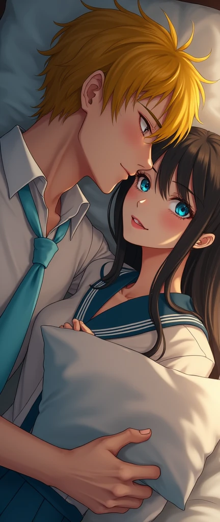 (32K:1.9, Realistic:1.9, Highest quality, masterpiece, Ultra-high resolution), Perfect dynamic composition:1.3, Highly detailed skin and facial textures:1.3, (Cute sexy slim Japanese schoolgirl, height: 155cm), (Slimman, Length 180cm), ((They are both lying in bed。, A man gives a pillow to a woman。:1.3, to kiss:1.4)), Fair skin, ((Clarity:1.1)), (This guy&#39;s uniform is amazing:1.3, Bright yellow hair, beautiful目:1.3), (The woman is wearing a uniform with a light blue tie...:1.3, Straight black hair.:1.3, smile:0.9, A man completely charms a woman:0.9, beautiful Blue Eyes, beautiful, Clear Eyes:0.8), Sexy Face:0.4, blush:1.1, (beautifulエロティシズムを醸し出す雰囲気:0.8, Professional random camera work, Cinematic Lighting Effects, romantic, mysterious), (Too erotic), Object of admiration, original, dramatic, artistic, Innovative, charm, Heartful, Fancy, Tilt, sense of loss, special, exciting, Extreme, sense of openness, joy, joyの表現, ((若さのcharm, 女性的なcharm))