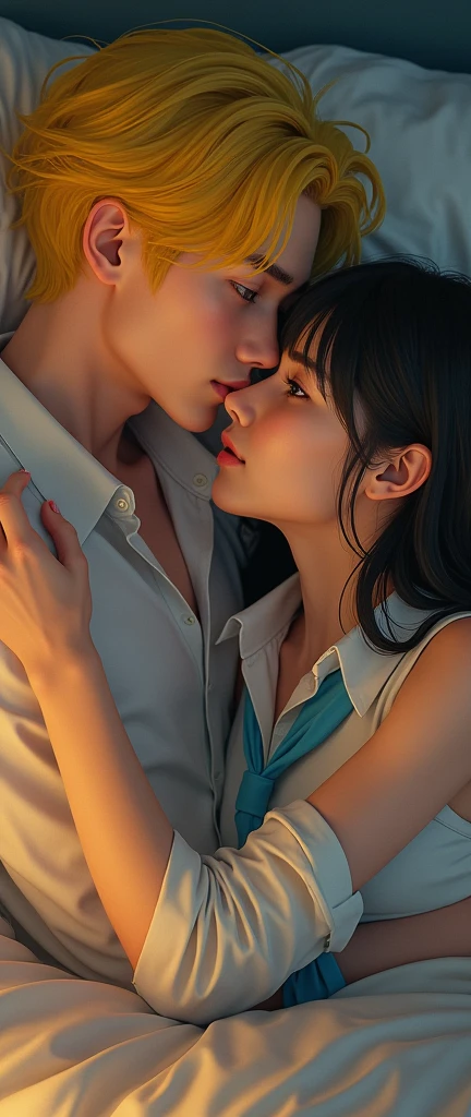 (32K:1.9, Realistic:1.9, Highest quality, masterpiece, Ultra-high resolution), Perfect dynamic composition:1.3, Highly detailed skin and facial textures:1.3, (Cute sexy slim Japanese girl, height: 155cm), (Slimman, Length 180cm), ((They are both lying in bed。, A man gives a pillow to a woman。:1.3, to kiss:1.4)), Fair skin, ((Clarity:1.1)), (This guy's uniform is amazing:1.3, Bright yellow hair, beautiful目:1.3), (The woman is wearing a uniform with a light blue tie...:1.3, Straight black hair.:1.3, smile:0.9, A man completely charms a woman:0.9, beautiful Blue Eyes, beautiful, Clear Eyes:0.8), Sexy Face:0.4, blush:1.1, (beautifulエロティシズムを醸し出す雰囲気:0.8, Professional random camera work, Cinematic Lighting Effects, romantic, mysterious), (Too erotic), Object of admiration, original, dramatic, artistic, Innovative, charm, Heartful, Fancy, Tilt, sense of loss, special, exciting, Extreme, sense of openness, joy, joyの表現, ((若さのcharm, 女性的なcharm))