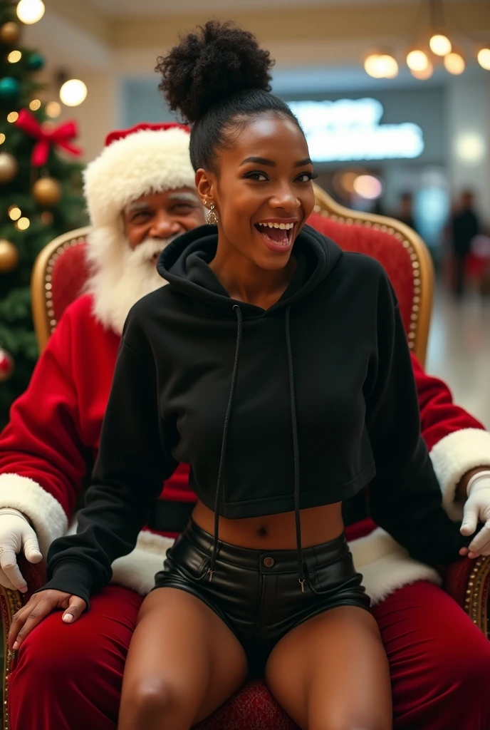 black woman hair in a bun black hoodie black leather short shorts butt cheeks showing excited and eyes wide open on her face setting in santa claus lap at the mall 8k