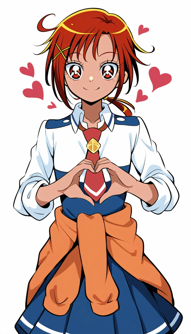 Score 9, Score 8 up, Score 7 up, The evaluation is questionable,
Detailed Background, Glowing Skin,hino akane \(smile precure!\), red hair, hairpin, low ponytail, red eyes, nanairogaoka middle school uniform, red necktie, clothes around waist,girl, Grab your chest, smile, Cleavage, Heart with hands placed in front of chest, Browsing Caution