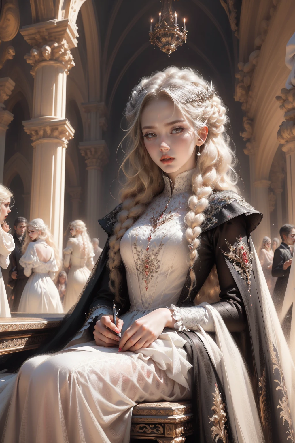 (Masterpiece - Ultra-detailed, very high resolution) Prepare to be enchanted by a true masterpiece that combines ultra-detailed art with high-resolution rendering. This work depicts a mesmerizing woman with very long blond hair (1.3) and captivating light blue eyes (1.2), emanating an aura of elegance and mystery in Victorian settings. The intricate details and realistic textures invite you to explore every aspect of this enchanting composition. Woman wearing beautiful classic Victorian costume from the year 1878. Red lips. Happy face. Smiling. (white dress:1.2). Walking, sitting, laying down, writing, reading, portrait, upper body, dynamic poses. Get ready to dive into a world where beauty and craftsmanship merge perfectly.