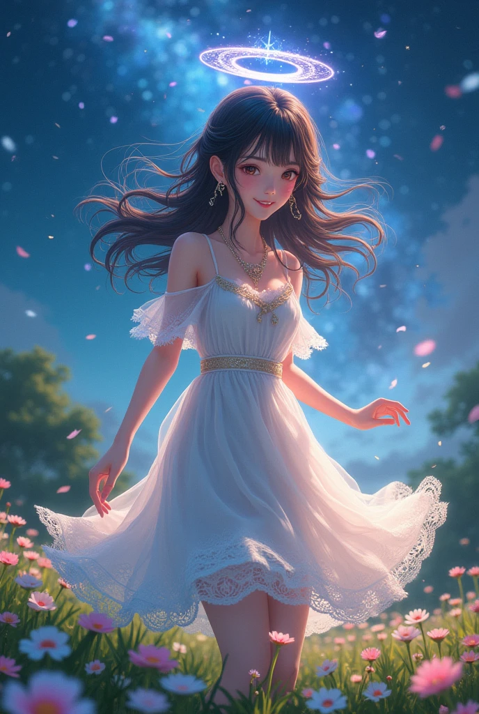 (masterpiece、Highest quality、8k、High resolution)、1 female、Beautiful eyes with slit length、Cute lips、Beautiful Nose、Brownish black hair、smile、(Best anime girl)、Green grassland with forest view、Walking,(Barefoot, flying, running, high, high),Colorful flowers blooming in the field,A bright night with the stars clearly visible、milky way、Mysterious light particles from the whole body、Colorful light particles、A mysterious light shining around your head、melt、jewelry、necklace、White lace dress、(Beautiful full body style)、Highly detailed anime art、A complete portrayal、