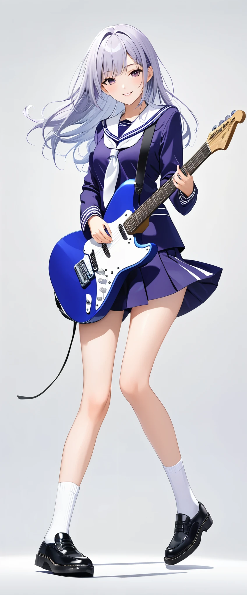 (((White background:1.5)))、(((The subject and guitar are in full view:1.5))),(((full body:1.2)))、(masterpiece、Ultra HD、Highest quality、Masterpiece、8k:1.2)、Slender body、High  girl playing electric guitar、(Purple sailor suit) 、Long silver hair、(((A dynamic pose:1.5)))、Perfect Style、８Head to Body、smile、Are standing、White socks、mini skirt、looks fun、