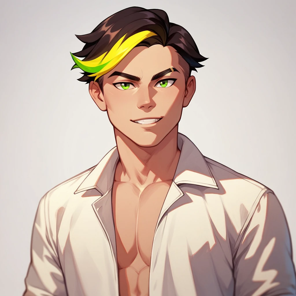 Human Male , Black short hair Style ,(( whiter highlights )), solo , Green pupils
