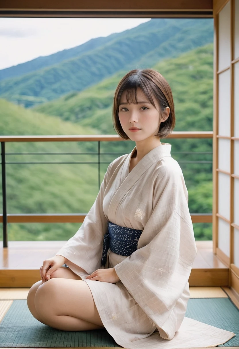 photographic, Japanese summer, tatami room, sitting, summer mountains outside the window, Blue sky, white clouds, yukata, chest, Barefoot, fan, (full_body_shot,) mature_female, wavy_fluffy_bob_cut, blunt_bangs, brown_hair, drooping_eyes, thick_lips, ((petite,)) ((round_face,)) (Cool_impressions, small_breasts), various_poses,