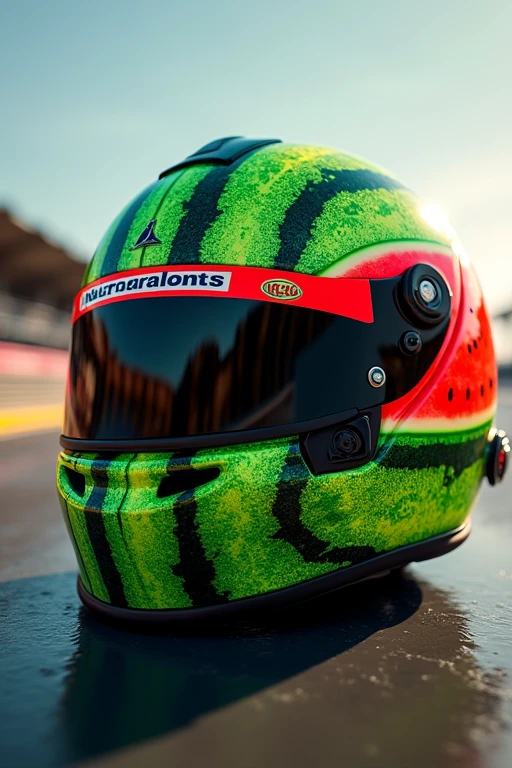 A Formula 1 helmet with the appearance of a watermelon