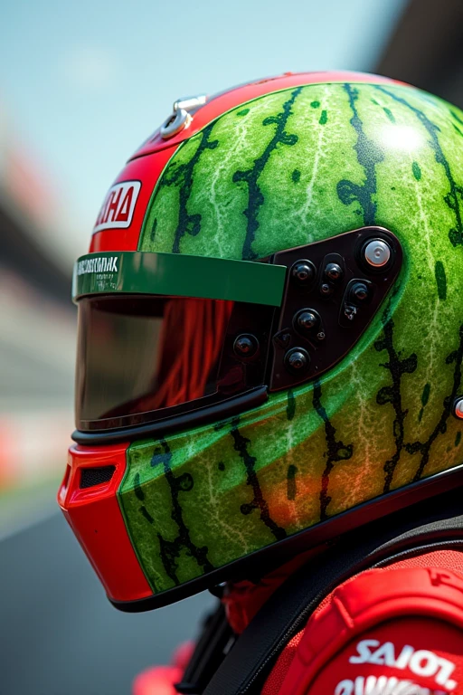 A Formula 1 helmet with the appearance of a watermelon