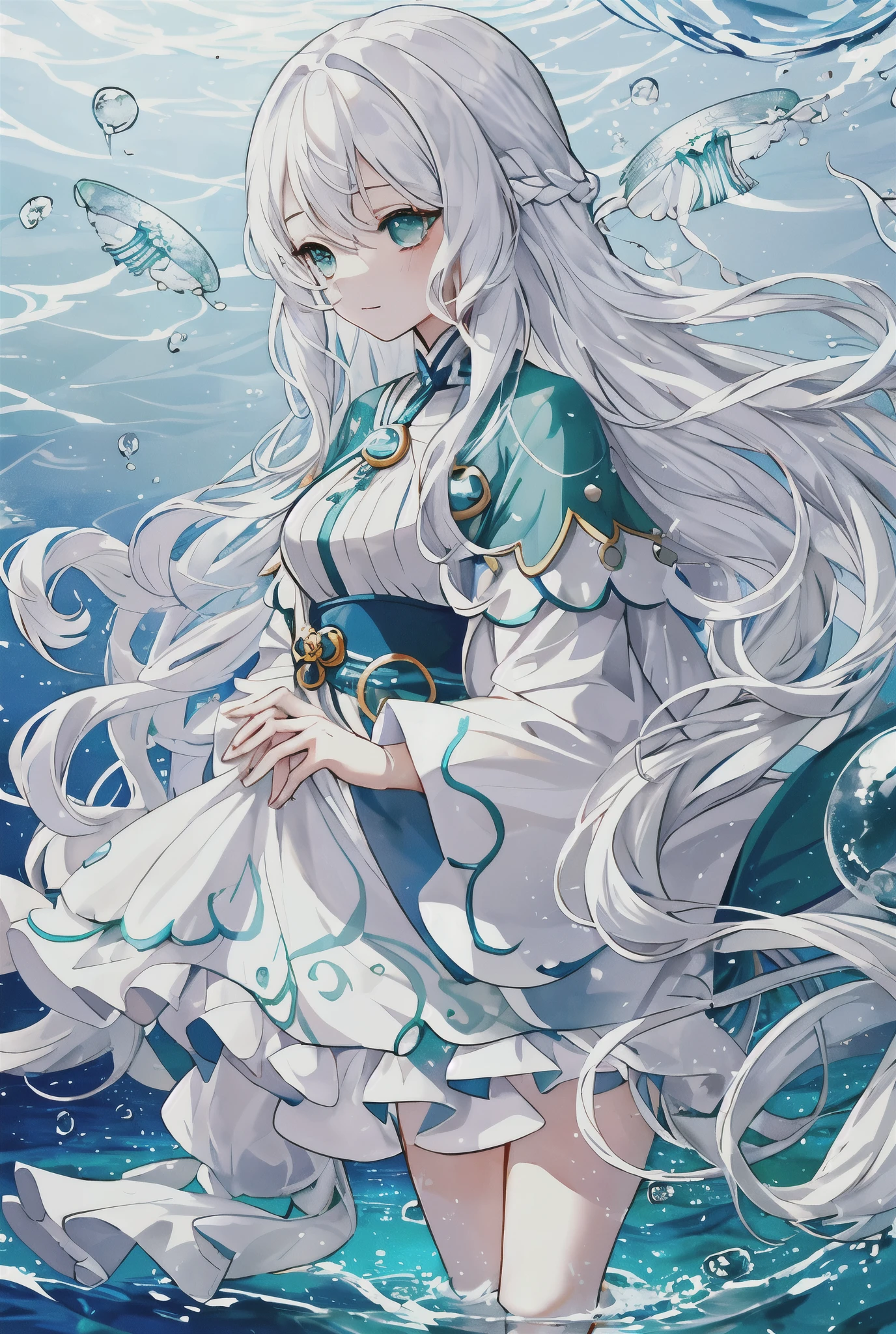 White Hair、Wavy Hair、Long Hair、Blue-green eyes、Cute clothes、Water Drop、In the water、jellyfish
