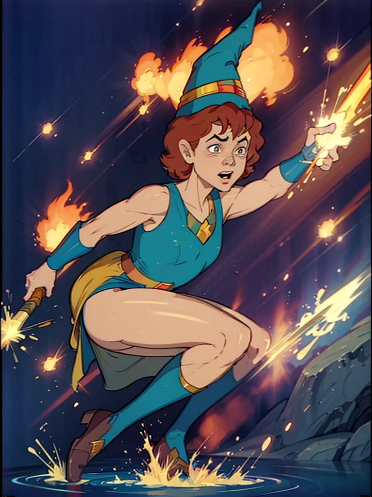 a redhead cartoon character, wonder woman outfit, very muscular, male wizard, 1980s cartoon, animated episode still, Presto (((mad))), ((Wears a wizard hat))