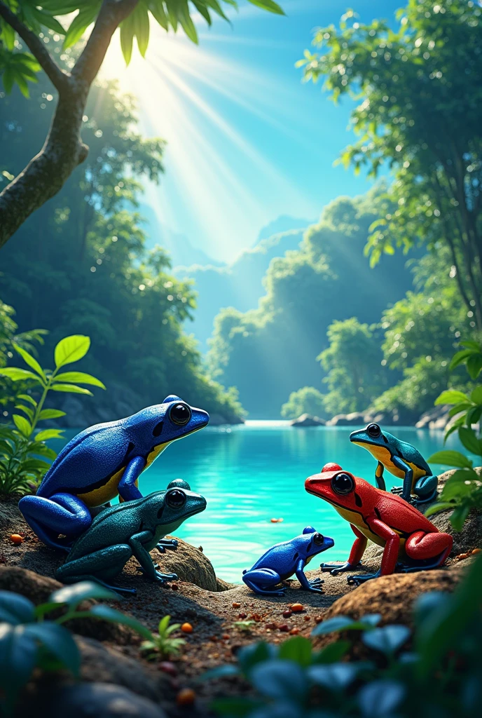 colorful poison dart frogs, beautiful detailed blue sky, beautiful lush green rainforest background, beautiful lake, sunlight rays, 5-6 frogs, highly detailed, 8k, photorealistic, vivid colors, natural lighting, award winning
