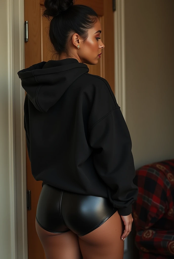 black woman hair in a bun black hoodie black leather short shorts being fucked in the ass by a old grandma in a dress
