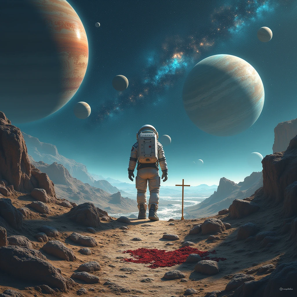 in outer space , planets , constellations , galaxies, planets
Un camino largo , rocky and dangerous A cross at the end of the road A crown of thorns and a garment lying on the ground A mark of blood An astronaut