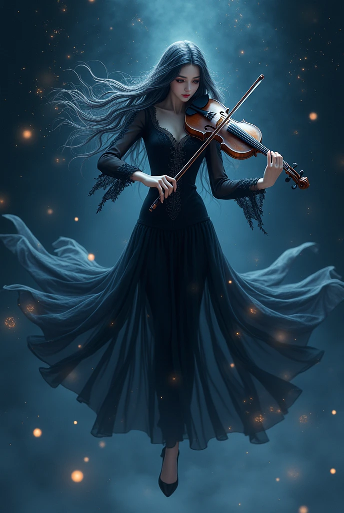 A gothic anime woman flying in the dark sky playing the violin and around her are lights
