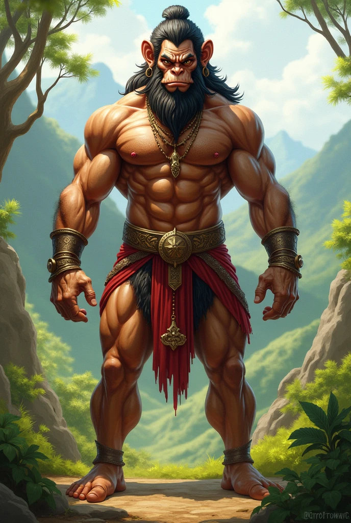 Hanuman with six pack standing in rural area