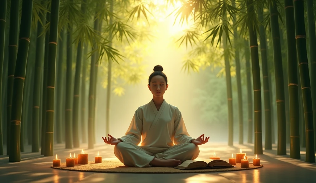 An Asian person sitting in meditation in a bamboo grove at dawn. The soft light of the rising sun shines through the leaves, creating delicate shadows. A book of ancient wisdom lies open beside her, and lit candles form a circle around it.