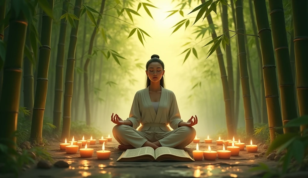 An Asian person sitting in meditation in a bamboo grove at dawn. The soft light of the rising sun shines through the leaves, creating delicate shadows. A book of ancient wisdom lies open beside her, and lit candles form a circle around it.