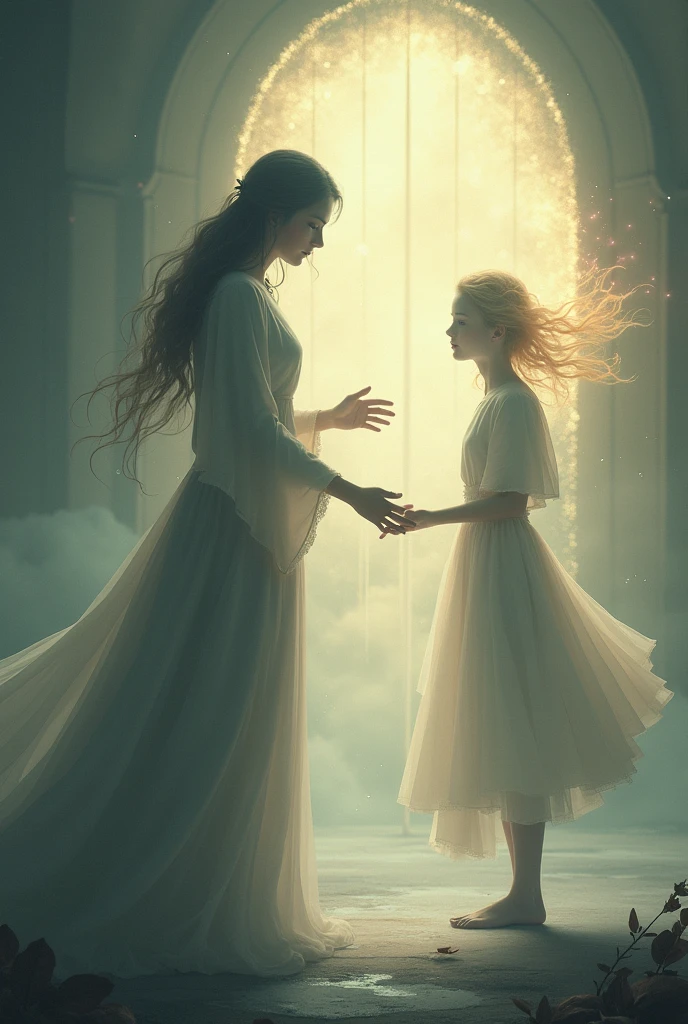 Eléonore tendant la main vers une âme, avec une expression de compassion et de détermination, entourée d'une lumière apaisante.