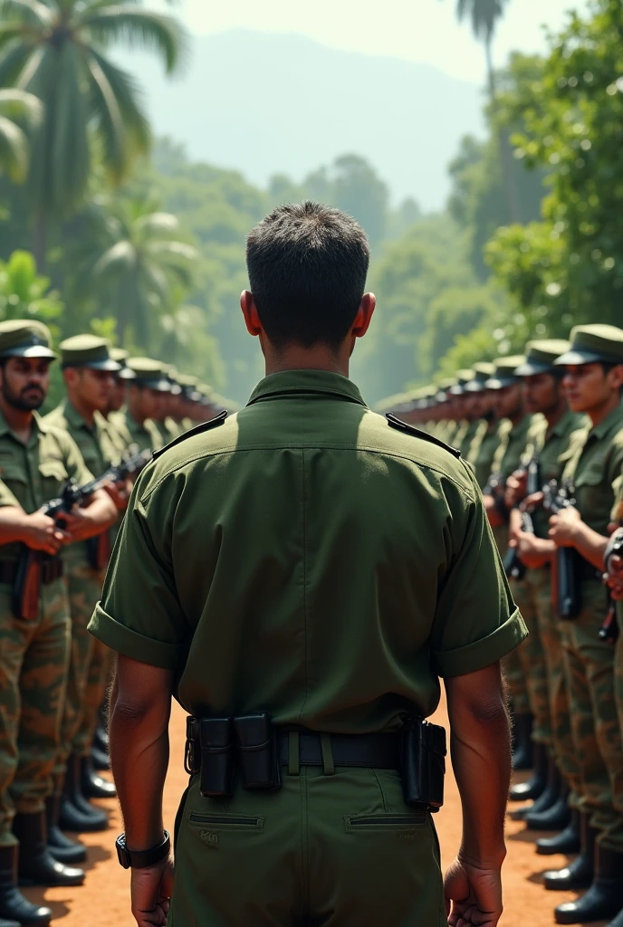 Brazilian soldier with his back turned, commanding a team of soldiers lined up and in formation in front of him