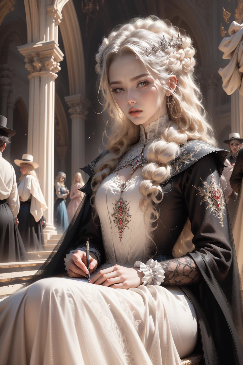 (Masterpiece - Ultra-detailed, very high resolution) Prepare to be enchanted by a true masterpiece that combines ultra-detailed art with high-resolution rendering. This work depicts a mesmerizing woman with very long blond hair (1.3) and captivating light blue eyes (1.2), emanating an aura of elegance and mystery in Victorian settings. The intricate details and realistic textures invite you to explore every aspect of this enchanting composition. Woman wearing beautiful classic Victorian costume from the year 1878. Red lips. Happy face. Smiling. (white dress:1.2). Walking, sitting, laying down, writing, reading, portrait, upper body, dynamic poses. Get ready to dive into a world where beauty and craftsmanship merge perfectly.