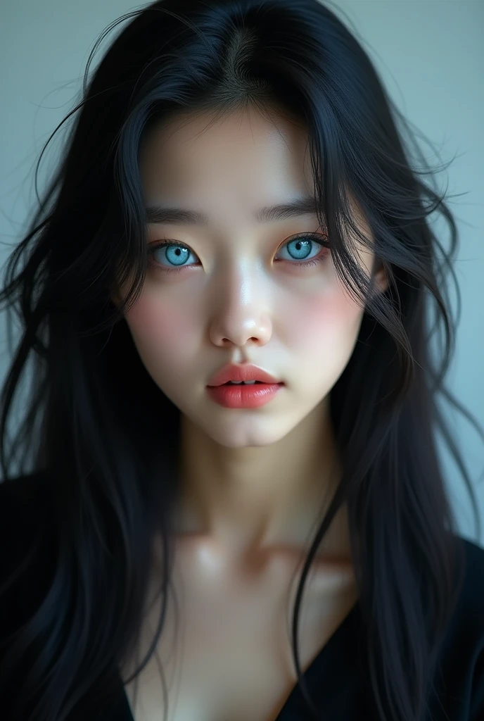 Korean blue eyes, with angelic face, long black hair, with rock style and perfect body, photo from realia