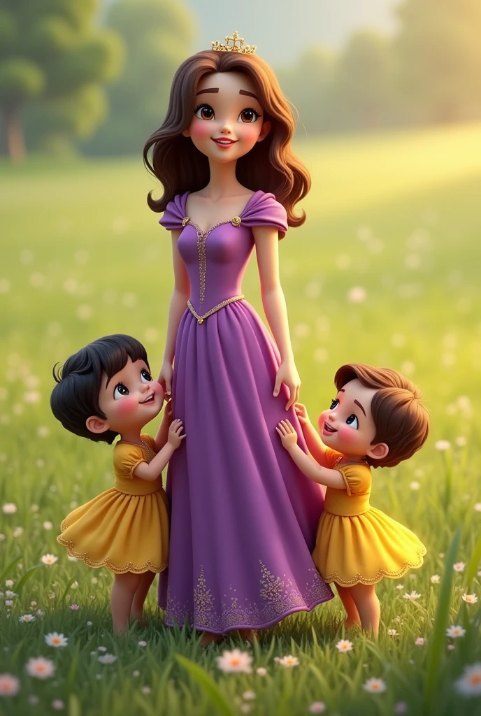 I need an image where you can see a princess without a crown in a long purple dress with brown hair with two babies, one with black hair and the other with brown hair and both with yellow dresses in the field happy.

