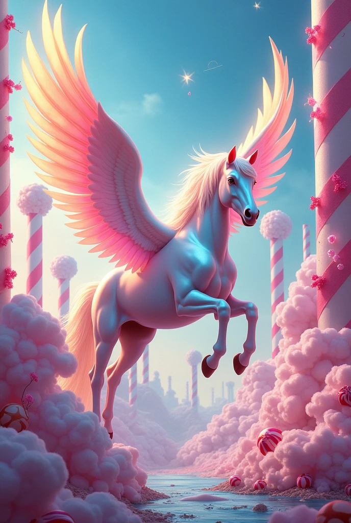 Epic Pegasus in multicoloured flight with where from world of sweets and colours