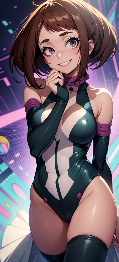 Best Quality,4k,high resolution,Masterpiece:1.2), (ultra detailed), (Ochacho Uraraka) (My hero academia Settings), (pose sexual), (realist,photorealist,photo-realist:1.37), (HDR,HD), (portrait), (vivid colors), detailed eyes), (beautiful detailed lips), (extremely detailed eyes and face), bright eyes Dynamic angle and posture, soaked in sweat, perspiration, undressing (long eyelashes), (sharp focus), smiling , (motion blur), (elegant), (slim figure), (anime inspired), (bright lights), (sexual), (contrasting colors), (mysterious atmosphere), (action packed scene), (Unique style), ) ((Best Quality)),((Very detailed)),Masterpiece,absurdities,detailed face,beautiful face,(detailed eyes, deep eyes),(1 girl),((dynamic pose)), showing armpits and pussy half naked. (((smiling))) (((colorful background)))