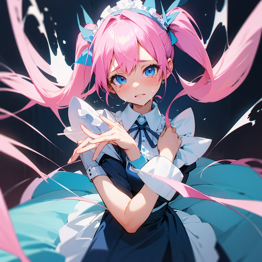 Pink hair in high twin tails with blue ribbons（Light blue in places）、A girl dressed as a maid（Minato Akua）Crying illustration