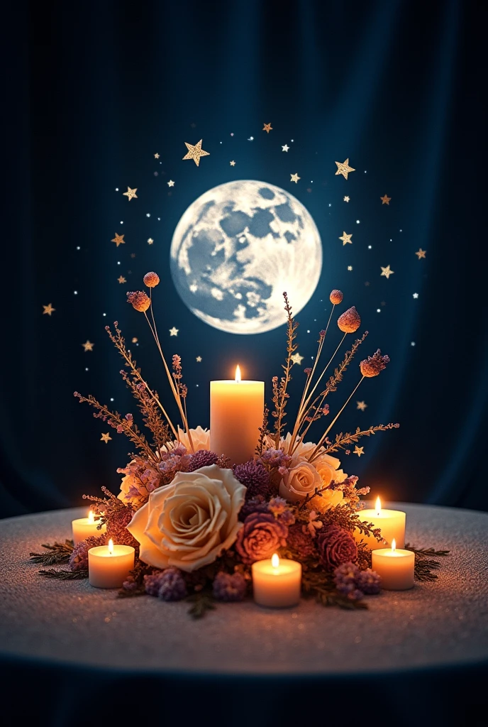 Full moon and stars themed centerpiece for 15 years and add candles to place in the center of the table