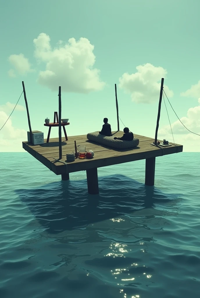 Make the image of a huge inverted table, with legs up, floating in the sea. The boards are in contact with the waves and the legs are pointing towards the sky.. This is what a raft looks like with four sticks standing at the corners. There are two men lying on bundles in that boat.. There is a bottle of whiskey and a painting easel