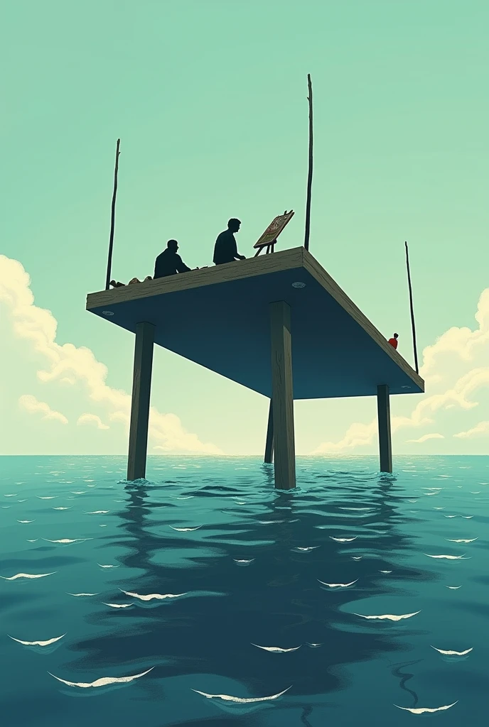 Make the image of a huge inverted table, with legs up, floating in the sea. The boards are in contact with the waves and the legs are pointing towards the sky.. This is what a raft looks like with four sticks standing at the corners. There are two men lying on bundles in that boat.. There is a bottle of whiskey and a painting easel
