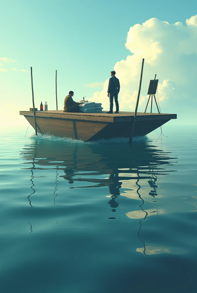 Make the image of a huge inverted table, with legs up, floating in the sea. The boards are in contact with the waves and the legs are pointing towards the sky.. This is what a raft looks like with four sticks standing at the corners. There are two men lying on bundles in that boat.. There is a bottle of whiskey and a painting easel