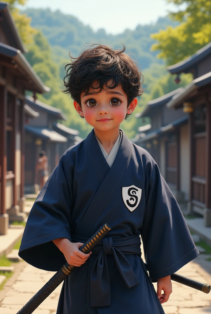 A young man, around 2, short curly haired calcasian on a road in japan feldal, wearing a navy blue kimono with a white S in a shield symbol on the left chest of the garment, carrying Samurai swords, with a brave expression, but nice.