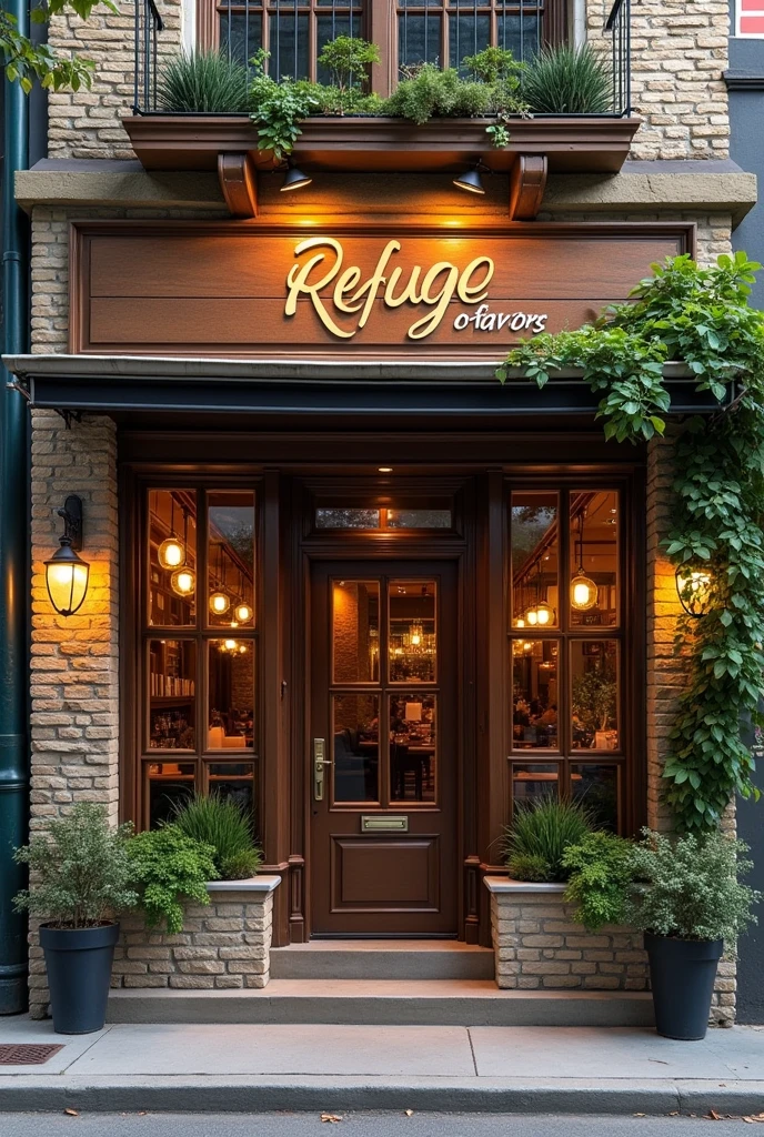  Facade of a restaurant with the name " Refuge of Flavors" , More rustic without plants