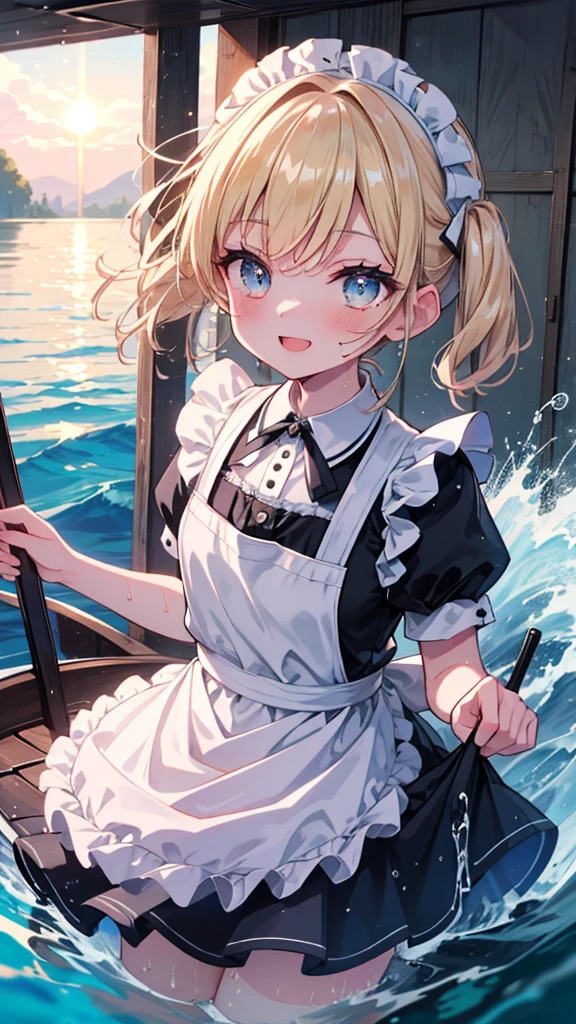 (8k, Highest quality, masterpiece: 1.2),Ultra-high resolution, 1 person, solo,Highly detailed face, Apron dress, Black Dress, White apron, black and white maid outfit, Random Hairstyles、Gay Hair, Rowboat、lake、sunlight, clavicle, Ecstatic expression,Sparkling、splash, Overall image, Flooding, Rough seas, Wet