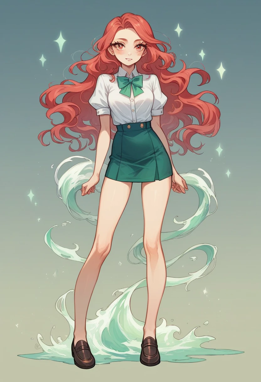 a 1 girl, Full body photo, with a slim and elegant figure, She wears a schoolgirl uniform that highlights her youthful beauty.: a short skirt that highlights her thinness and an unbuttoned white blouse. Her wavy red hair falls in soft waves over her shoulders., Framing a delicate face. his eyes, big and green like emeralds, They have a captivating depth, surrounded by long eyelashes that intensify their look. Her light, slightly rosy skin further accentuates her charm., making her a vision of vibrant, youthful beauty.