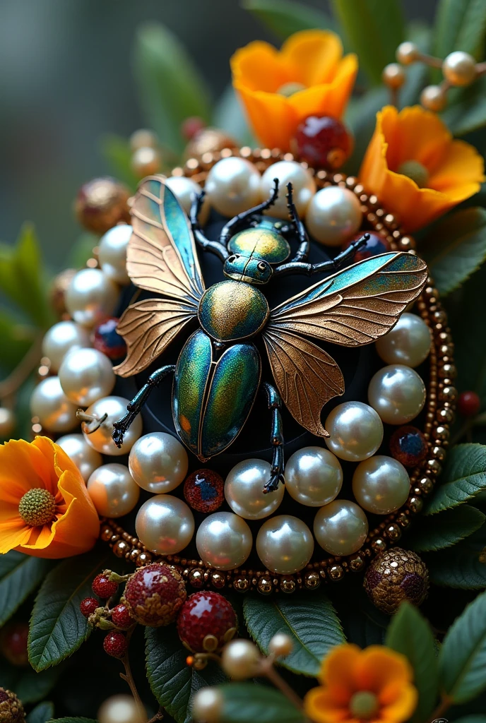 Jewelry with pearls, beetles and flowers