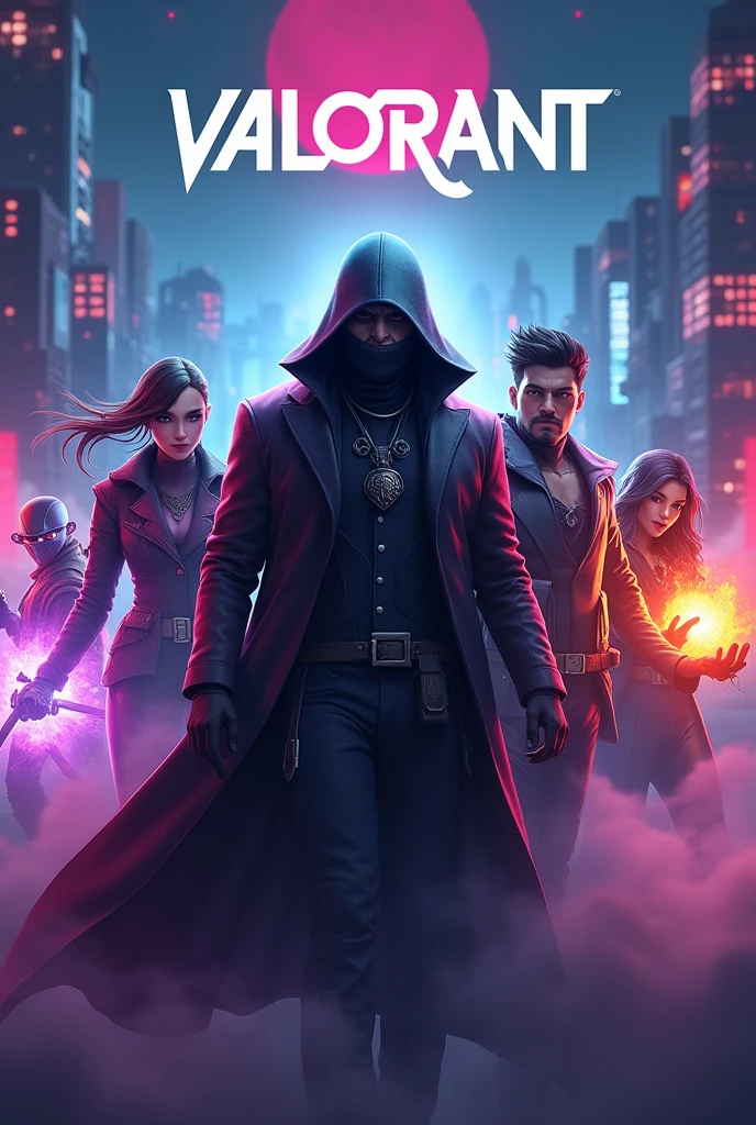A vibrant and eye-catching thumbnail for a "Valorant" YouTube live stream, featuring popular agents from the game. At the center of the thumbnail is Omen, the mysterious and shadowy agent, with his iconic mask and dark cloak. He is surrounded by a dramatic mist, emphasizing his stealthy nature. Flanking Omen on either side are other popular Valorant agents, such as Jett with her sharp blades and wind-swept hair, Phoenix with his fiery abilities glowing in his hand, and Sage with a glowing healing orb. The background showcases a mix of futuristic cityscapes and neon-lit arenas, adding a sense of action and intensity. The "Valorant" logo is prominently displayed at the top of the thumbnail in bold, eye-catching text. The overall composition is dynamic and colorful, capturing the high-energy and tactical gameplay of Valorant, enticing viewers to join the live stream.